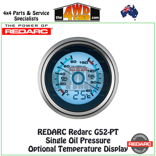 Redarc G52-PT Single Oil Pressure 52mm Gauge with Optional Temperature Display